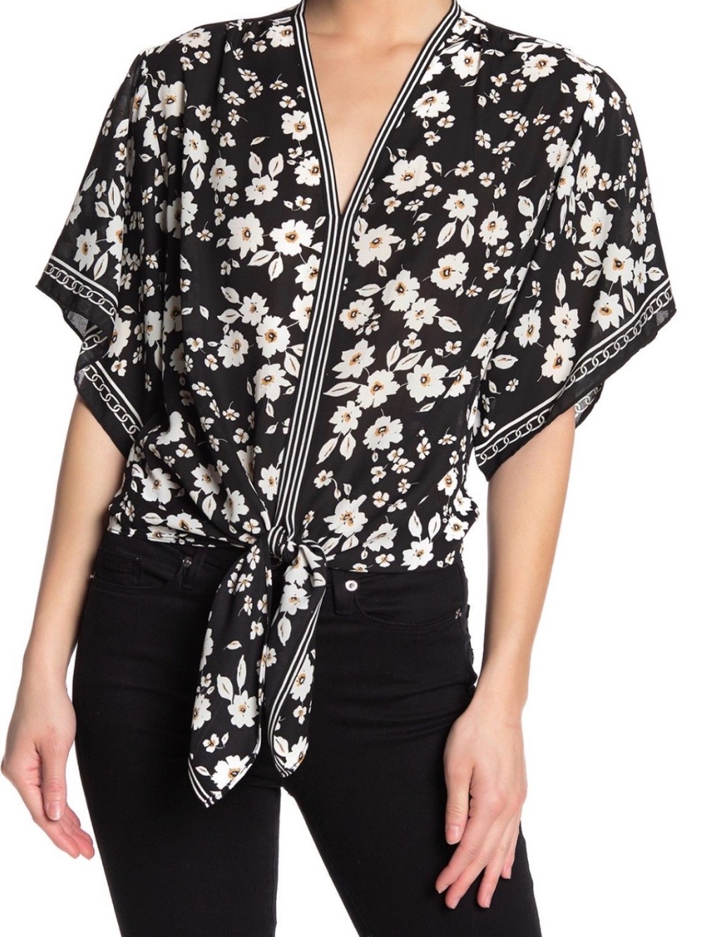 Max Studio Black Floral Blouse with Cream and Tan Accents